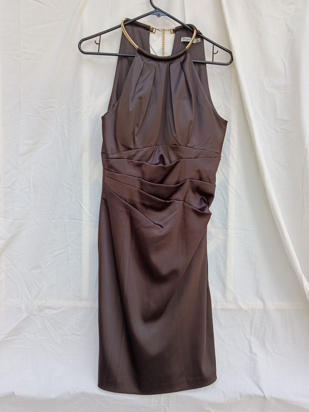 Eliza J Chocolate Brown Halter Midi Dress with Gold Neck Ring